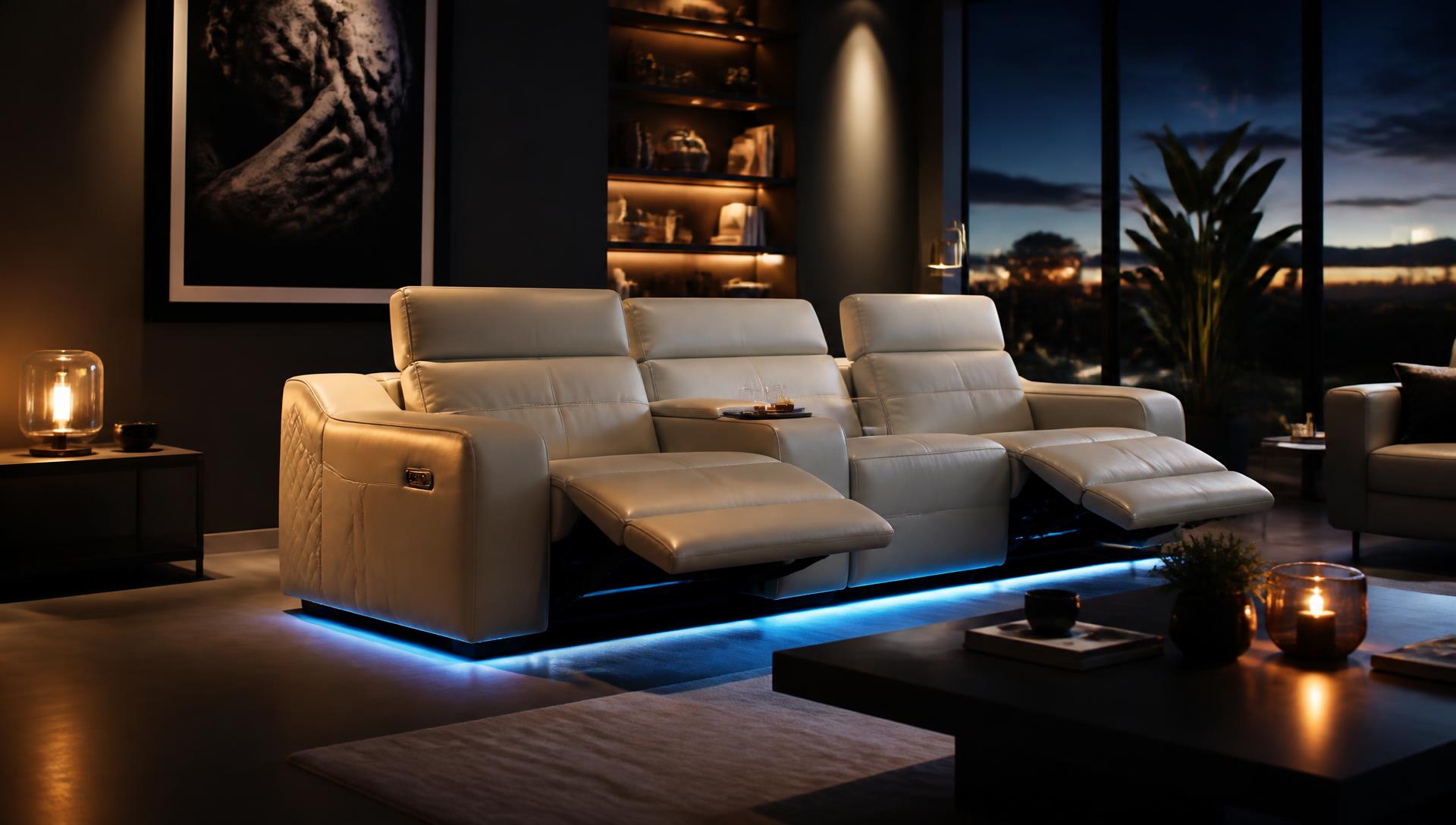 A cream leather motion sofa in a warmly lit modern living room at dusk